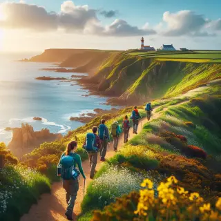Sentier côtier fleuri avec des randonneurs au printemps sur les falaises de la Hague, mer et phare en arrière-plan sous un ciel lumineux.