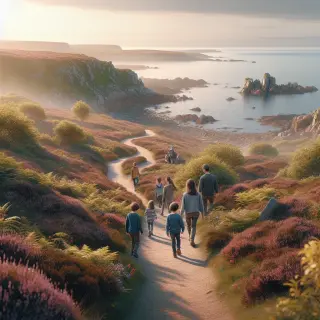 Sentier côtier fleuri dans la Hague avec familles en promenade sous une lumière printanière, mer et côte en arrière-plan.
