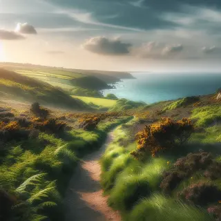 Sentier côtier fleuri de la Hague au printemps, landes verdoyantes, vue sur la mer, sous une lumière de fin d’après-midi.