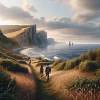 Sentier côtier herbeux bordant les falaises de la Hague avec vue sur la mer, un ou deux randonneurs marchant par temps doux.
