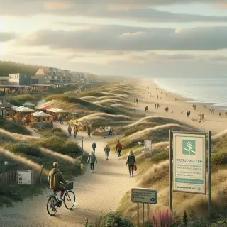 Sentier côtier à la Hague avec marcheurs, cyclistes, dunes, marché local et océan sous une lumière naturelle