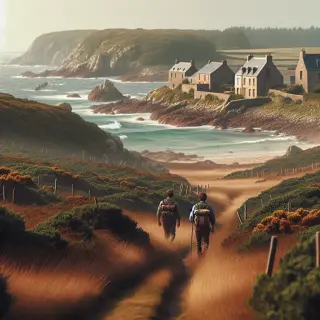 Sentier côtier surplombant la mer à La Hague, deux personnes marchent vers un village de maisons en pierre sous une lumière naturelle digne de la campagne normande.