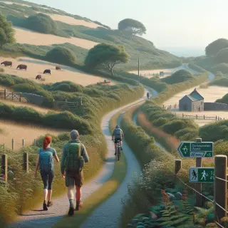 Sentier côtier vallonné avec deux randonneurs, un cycliste sur une voie verte, végétation typique de la Hague, mer à l'horizon, ambiance tranquille
