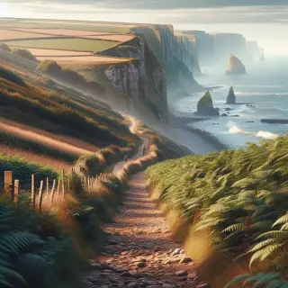Sentier de randonnée bordé de haies bocagères dominant les falaises de la Hague et la mer sous une lumière douce, atmosphère paisible sans présence de randonneurs.