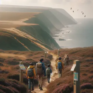 Sentier de randonnée côtier dans la Hague avec randonneurs en tenue de marche, falaises, bruyères et vue sur la mer par temps nuageux.