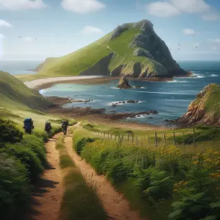 Sentier de randonnée surplombant la mer, bordé de falaises et végétation, quelques randonneurs au loin sous un ciel lumineux.