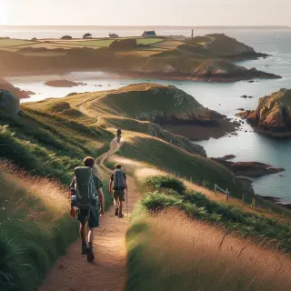 Sentier du littoral avec randonneurs, falaises, mer, phare de Goury et cyclistes sur une route rurale, éclairés par une douce lumière naturelle.