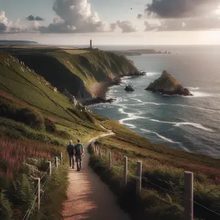 Sentier du littoral GR 223 le long de hautes falaises surplombant la Manche, avec le phare de Goury à l’horizon et deux randonneurs marchant sous une lumière douce.