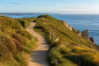 Sentier entretenu en bord de falaise surplombant la mer, balisé avec piquets et clôture, entouré de landes et sous un ciel clair.