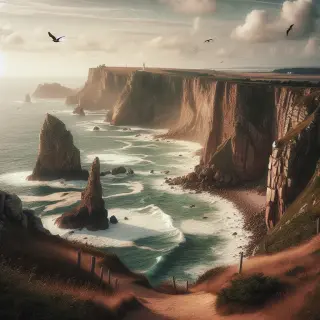 Sentier escarpé sur les falaises du Nez de Jobourg dominant la mer, avec ciel nuageux, quelques oiseaux marins et vue lointaine sur le phare de Goury.