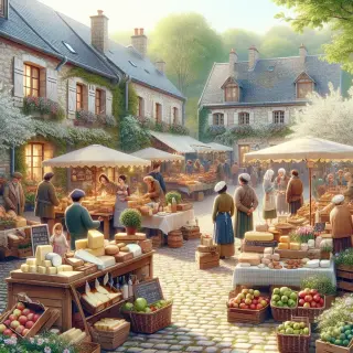 Spring village market in Branville-Hague with locals and visitors browsing stalls displaying regional cheeses, apples, vegetables, and bread, set in a stone-paved square surrounded by blooming trees and stone houses.