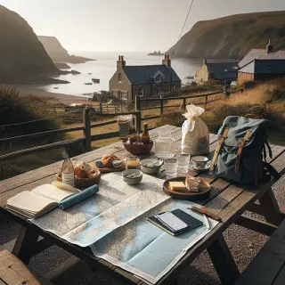 Table en bois avec carte de randonnée, carnet, produits du terroir et sac à dos devant un paysage côtier paisible avec une petite auberge en arrière-plan