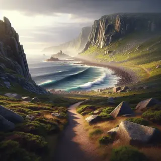 Tranquil footpath along a rocky coastline in La Hague, Normandy, with cliffs, heather, and a calm sea under soft afternoon light.