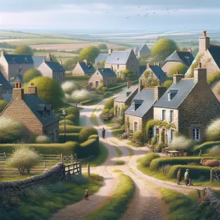 Tranquil Normandy village with stone houses, slate roofs, stone walls, a small church, spring greenery, and a couple walking a rural path