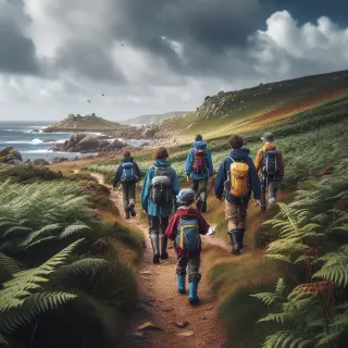 Trois randonneurs, dont un enfant, équipés de chaussures de marche et coupe-vents, marchent sur un sentier côtier dans la Hague, sous un ciel nuageux, la mer et les falaises en arrière-plan.