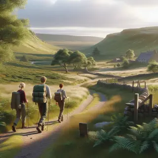 Trois randonneurs sur un sentier balisé traversant la lande, près de murets de pierre et d'un village normand, sous un ciel nuageux