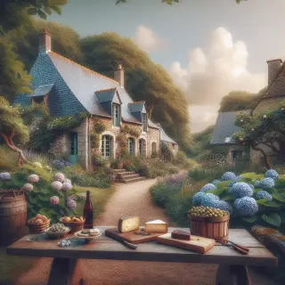 Typical rural lodging in Normandy with stone house, slate roof, flowering garden, and local products on a wooden table in soft natural light.