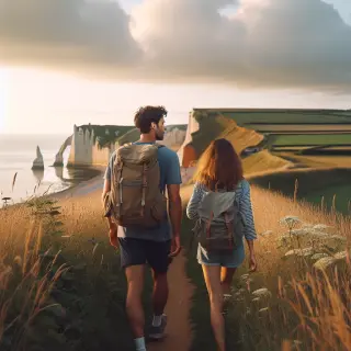 Un couple marche sur un sentier côtier entouré de fleurs sauvages, avec la mer et des falaises en arrière-plan sous une lumière douce.