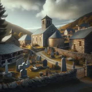 Un village normand avec une église en pierre, des maisons anciennes en schiste, un petit cimetière, un muret en pierre, une croix de chemin et un four à pain dans une atmosphère paisible.