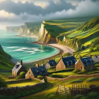 View of a rural Normandy village with stone houses, granite walls, rolling heather fields, and cliffs by the sea under a cloudy sky.