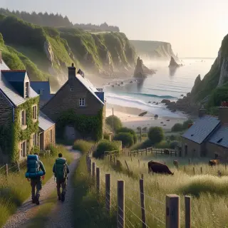 village côtier du Cotentin avec maisons en pierre, sentier de randonnée, deux randonneurs, falaises vertes surplombant la mer et champs paisibles sous une lumière matinale douce