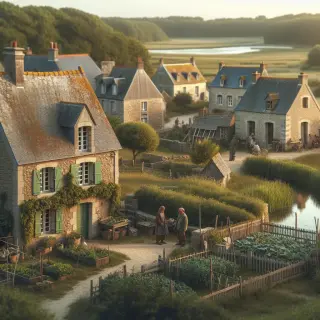 village du Cotentin avec ferme rénovée, moulin restauré, habitants discutant devant maison ancienne, espaces naturels préservés, lumière douce