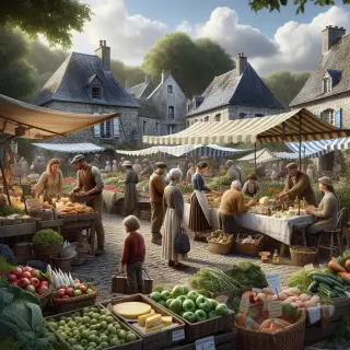 Village market with stalls of local produce, families shopping, and traditional stone houses in a rural Normandy setting.