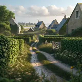 Village normand avec maisons en pierre, chemin rural bordé de haies, fleurs sauvages et vue lointaine sur la mer sous un ciel lumineux