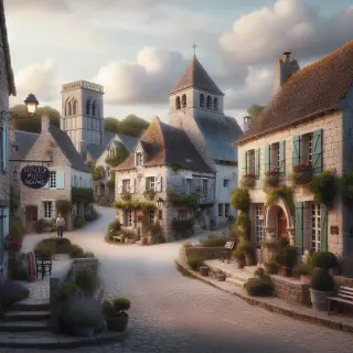 Village normand avec maisons en pierre, église ancienne et ambiance paisible sous une lumière naturelle.