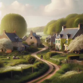 Village normand de Branville-Hague au printemps, maisons en pierre, fleurs, haies bocagères, lumière douce, cyclistes et cabane dans les arbres en arrière-plan.