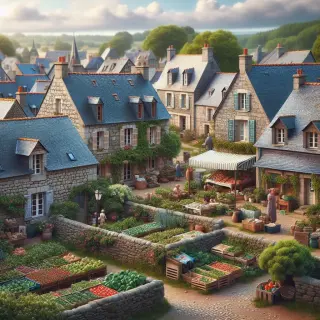 Village normand de la Hague avec maisons en granit, toits en schiste, petits jardins et marché local animé par les habitants un matin d’été.