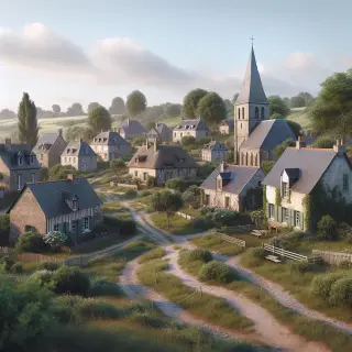 village normand typique avec maisons en pierre, église, arbres verdoyants et sentiers de randonnée sous un ciel doux