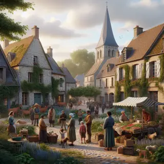 Village square in Branville-Hague with people of all ages chatting by a market stall, stone houses, a small church, and villagers working in a communal garden under soft afternoon light.