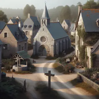 Vue d’un village normand avec une église en granit, des maisons de pierre, un vieux puits, une croix de chemin et un jardin fleuri, par temps doux.