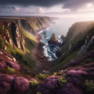 Vue panoramique sur de hautes falaises couvertes de bruyère dominant la mer sous un ciel lumineux, avec des criques et des rochers en contrebas.
