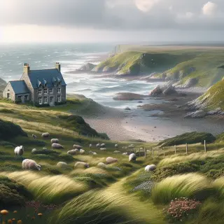 Wild cliffs and green marshes of the Hague in Normandy with a stone house and grazing sheep under a cloudy sky.