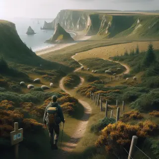 Wild coastal landscape of La Hague with heather, gorse, cliffs, a marked walking trail, grazing sheep in the distance, and a single hiker on the path under a cloudy sky.